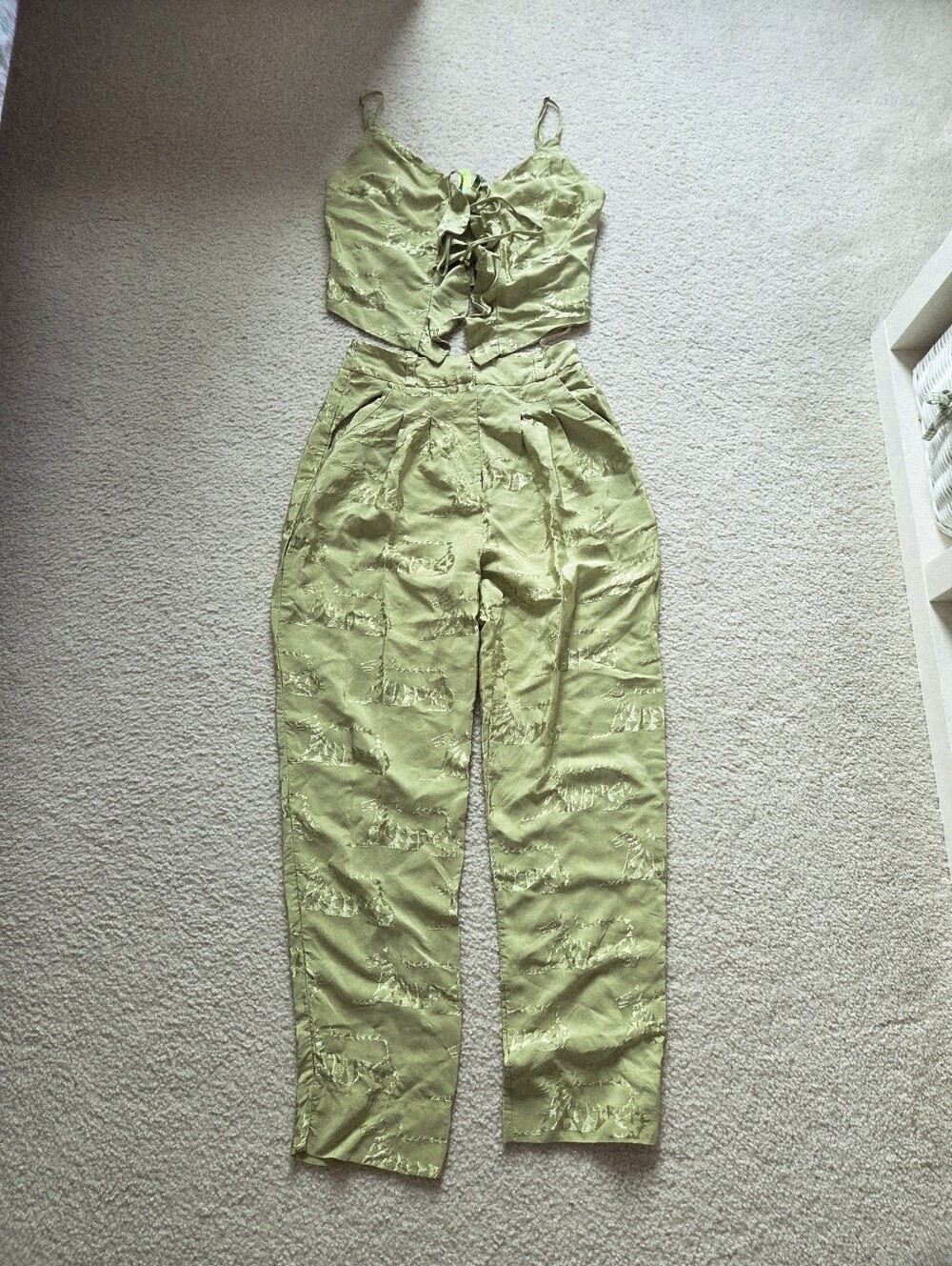 Farm Rio Green Satin Trouser And Ruffled Top Set